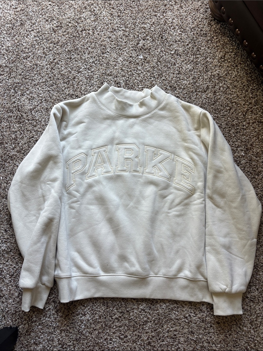Parker Cream Embroidered Logo Mock-Neck Crewneck Sweater